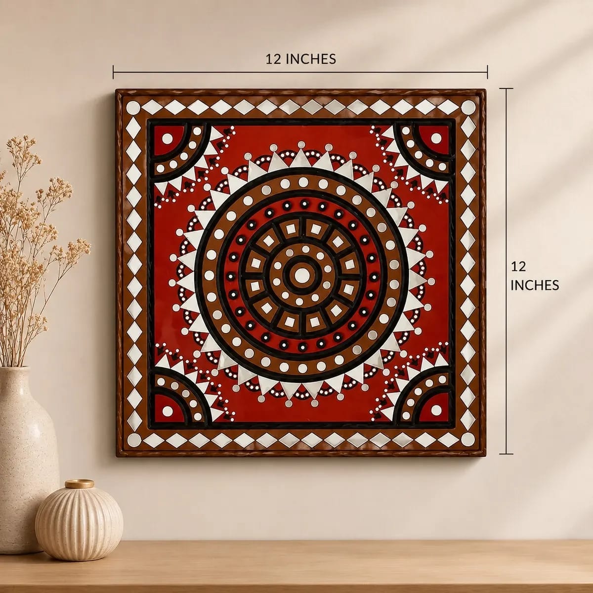 Handcrafted Lippan Art | Traditional Mud Mirror Work Wall Art (12 × 12 Inch)