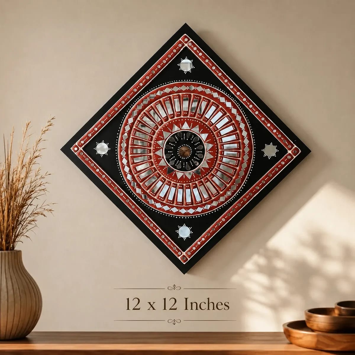 Handcrafted Mud Mirror Work Wall Art | Traditional Indian Tribal Decorative Wall Hanging (12 × 12 Inch)