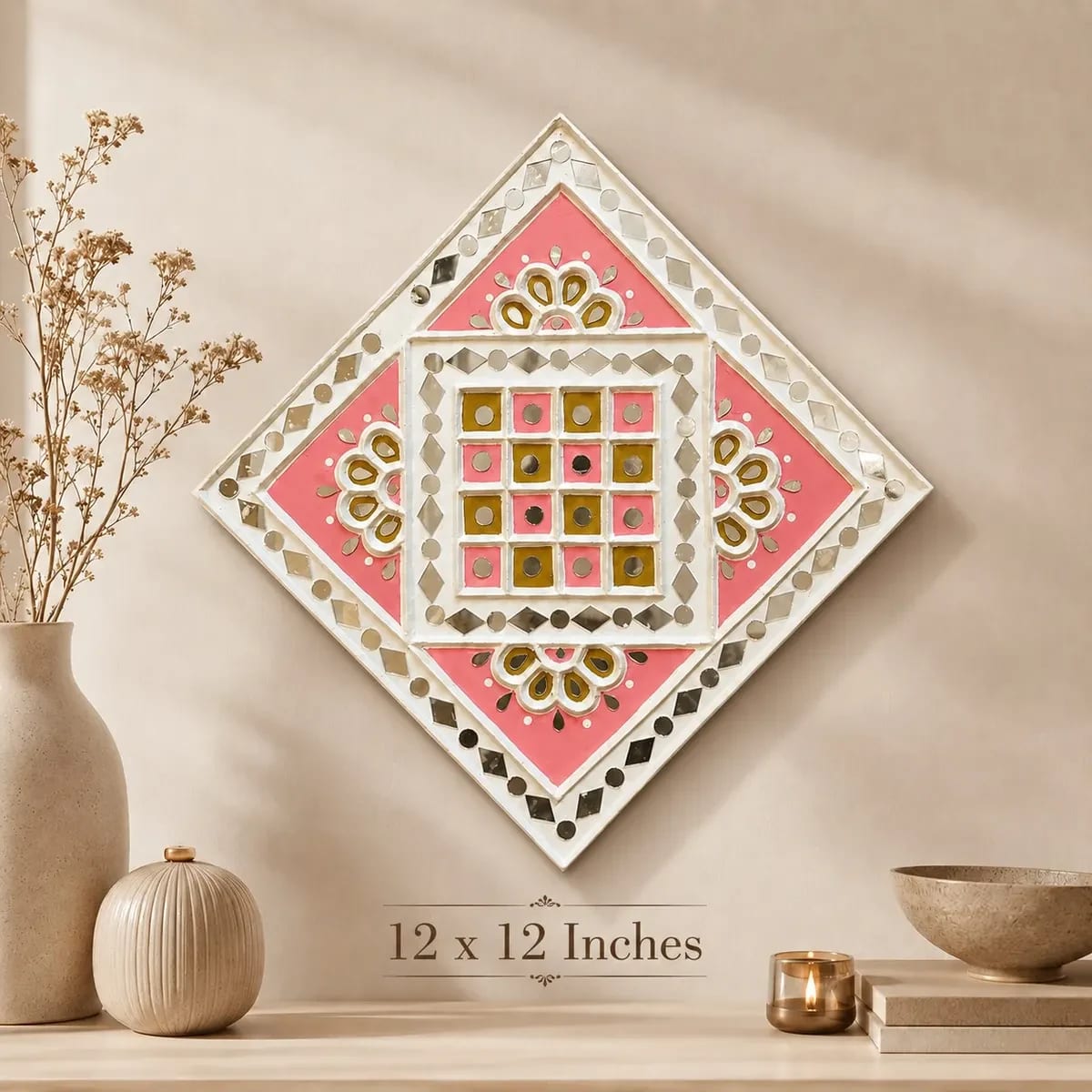 Traditional Handcrafted Pink Lippan Art Decorative Wall Hanging (12 × 12 Inch)